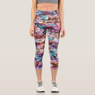 Leggings Capri Rose Rose Or Turquoise Mosaïque Millefiori Fleurs