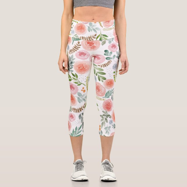 Leggings Capri Rose rose pâle et Feuilles verdoyants  (Recto)