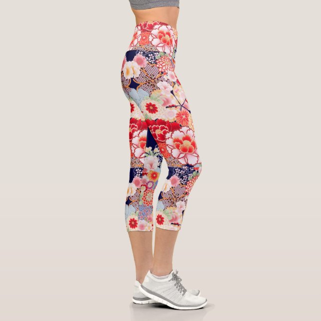 Leggings Capri ROSE ROUGE BLANC FLEURS pivoines, Floral japonais  (Droite)