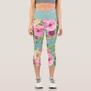 Leggings Capri Roses d'aquarelle en rose et crème sur Parties sci
