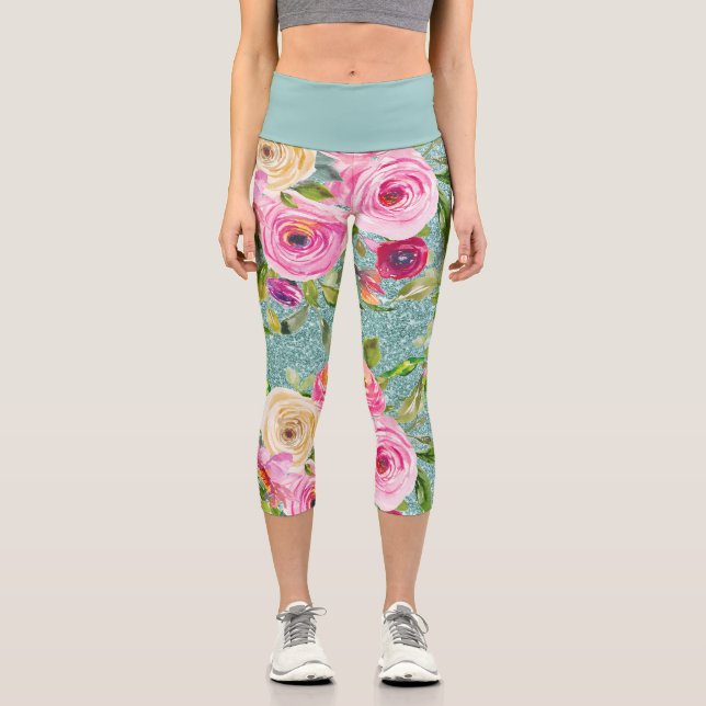 Leggings Capri Roses d'aquarelle en rose et crème sur Parties sci (Recto)