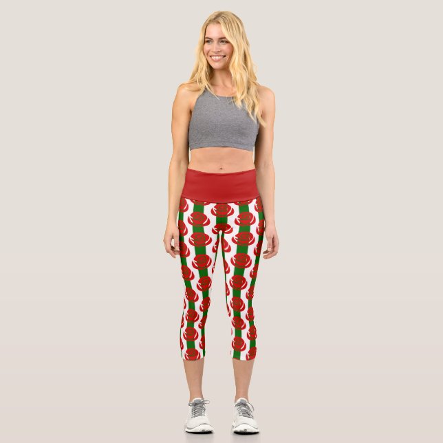 Leggings Capri roses rouges florales rayées de noël (Recto)