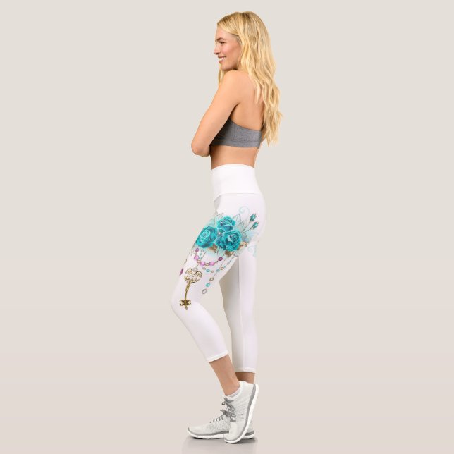 Leggings Capri Roses turquoise avec touches (Gauche)