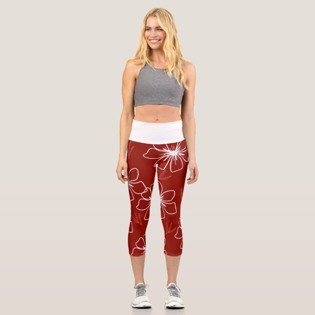 Leggings Capri Rouge avec Fleur transparente blanche (Recto)