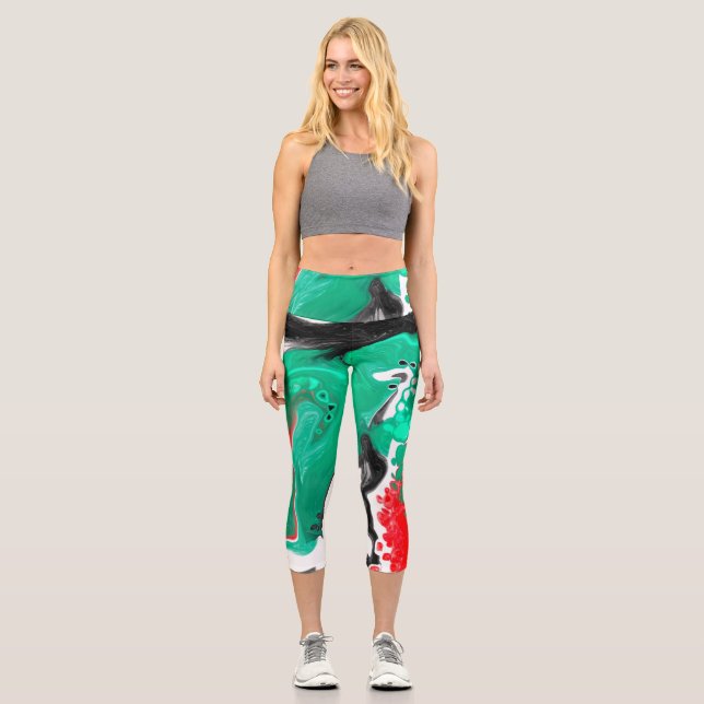 Leggings Capri Rouge, vert, noir et Marbre blanc Fluid Art (Recto)
