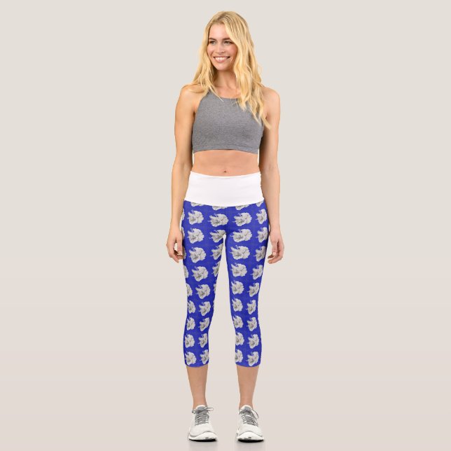 Leggings Capri Royal Blue Capris avec des orchidées blanches (Recto)