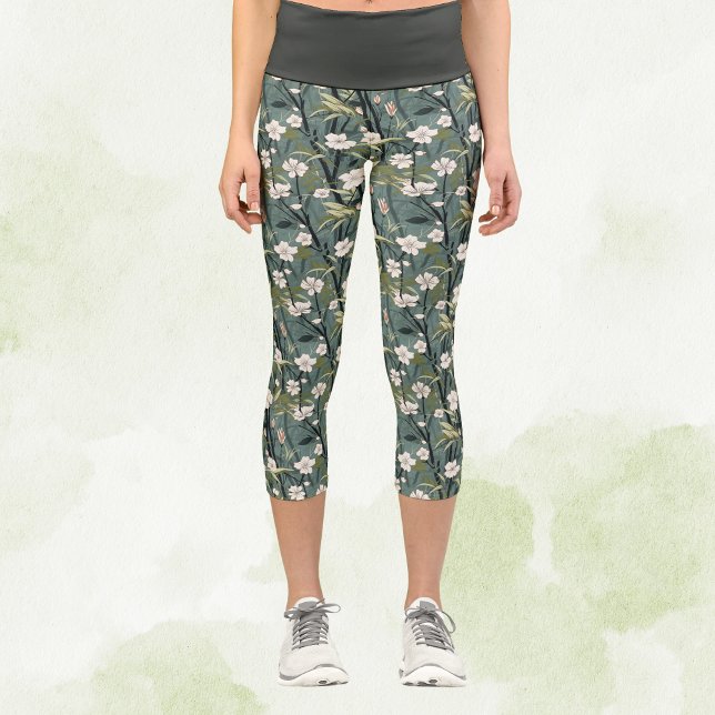Leggings Capri Sage Green Chinoiserie Tropical White Gold Floral (Créateur téléchargé)