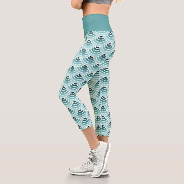 Leggings Capri Seafoam Blue Green Wave Circles Art Motif (Gauche)