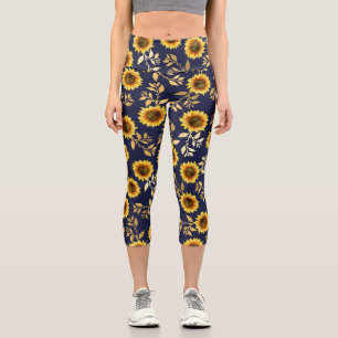 Leggings Capri Soleil Jaune Or Marine Fleurs de soleil Feuille Aq