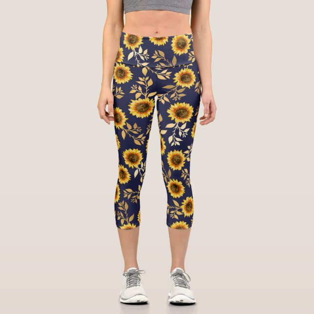 Leggings Capri Soleil Jaune Or Marine Fleurs de soleil Feuille Aq (Recto)