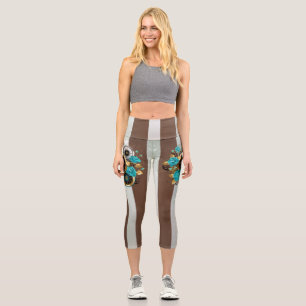 Leggings Capri Steampunk Clock and Turquoise Roses on Striped