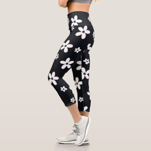 Leggings Capri Summer Boho Black White Daisy Flowers