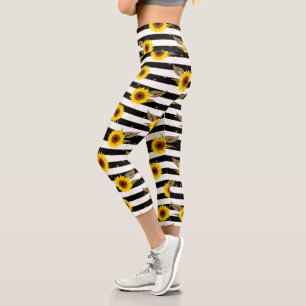Leggings Capri Sunflowers with Black and White Horizontal Lines