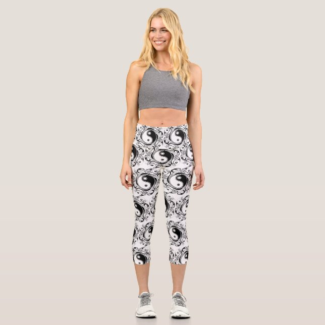 Leggings Capri Symbole Yin et Yang Style tatouage noir et blanc (Recto)