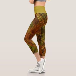 Leggings Capri Tartan Brown Green Check Mustard Wistband
