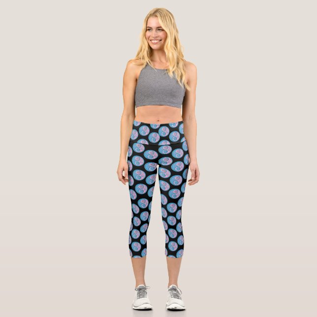 Leggings Capri Teal & Pink Yin Yang Scattered Black Background (Recto)