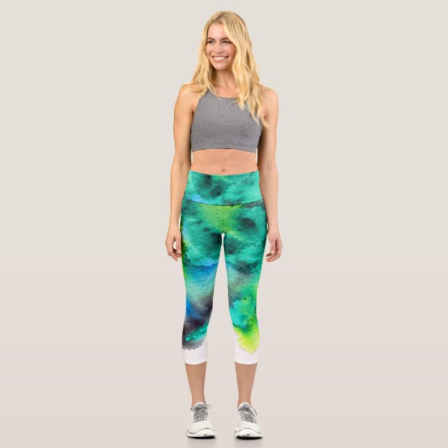 Leggings Capri Teinture de cravate colorée moderne bleu vert colo (Recto)