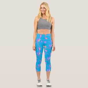 Leggings Capri Tendance Féminine Motif Floral Bleu Clair Et Rose
