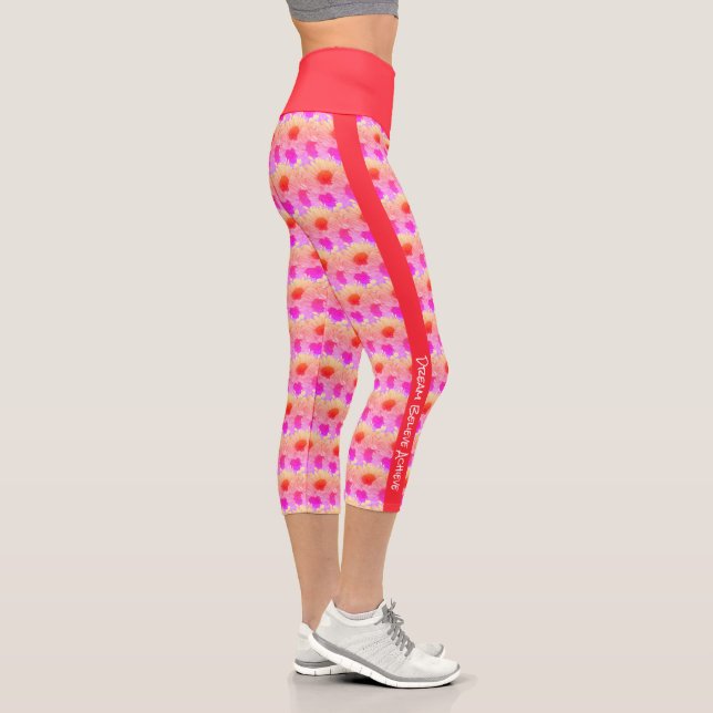 Leggings Capri Texte personnalisé Tournesol néon rose floral (Droite)