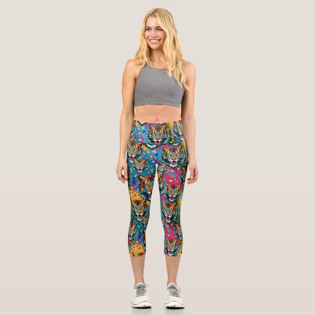 Leggings Capri Tiger Head Rainbow colors paint stains (Recto)