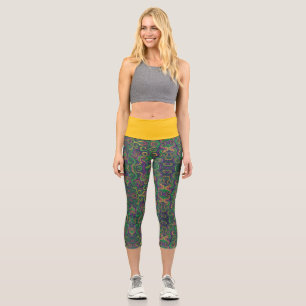 Leggings Capri Tourbillons abstraits de Mardi Gras jaune violet