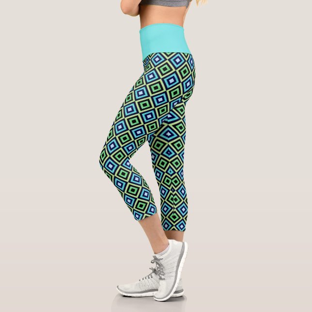 Leggings Capri Tourquoise Blue Green Black Diamond Motif Sports (Gauche)