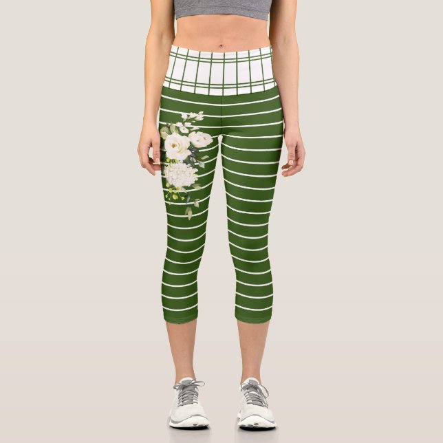 Leggings Capri Trendy Green White Stripes White Floral Pattern (Recto)
