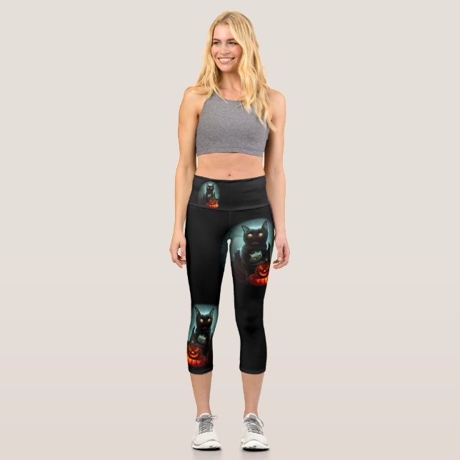 Leggings Capri Vampire Chat et Assistant Citrouille Halloween Sur (Recto)