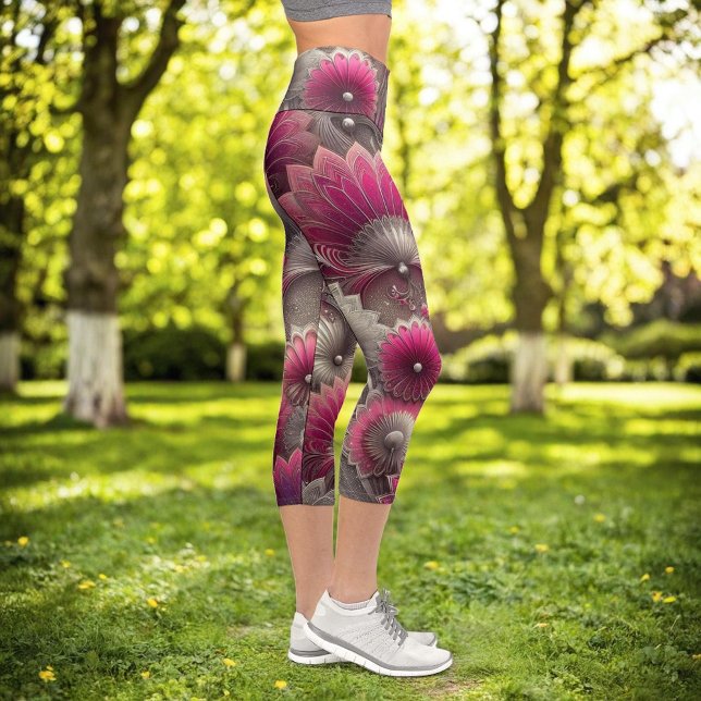 Leggings Capri Ventilateurs Art nouveau rose et argent (Créateur téléchargé)