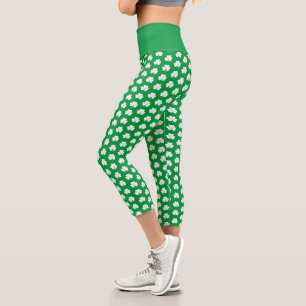 Leggings Capri Vert Blanc Elégant Shamrock irlandais Motif Clover