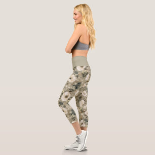 Leggings Capri Vert Sage Et Floral Crème