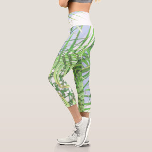 Leggings Capri Vibes d'été Palm Tree Feuilles Pale Green Pastel