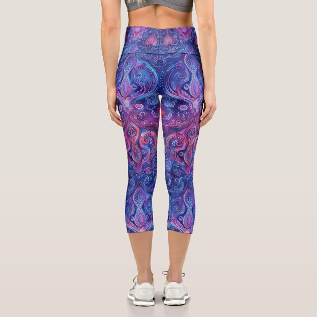 Leggings Capri Vibrant bleu rose et violet Mandala Paisley Yoga (Verso)