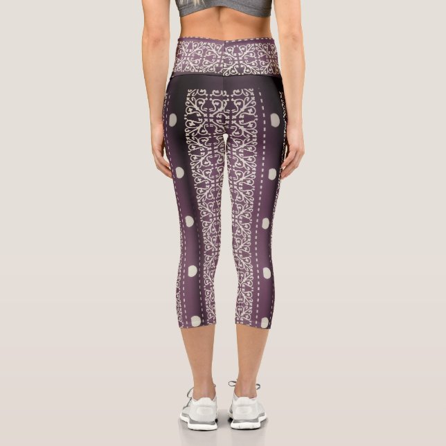 Leggings Capri Violet blanc À damiers Polka Dot Floral Damask Art (Verso)