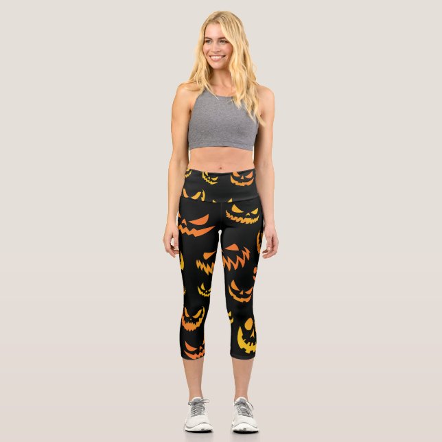 Leggings Capri Visage du Citrouille Jack-o'-lantern (Recto)