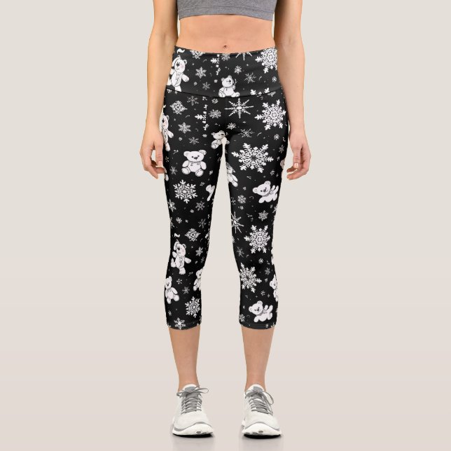 Leggings Capri White Teddy Bear & Snowflake Seamless Pattern (Recto)