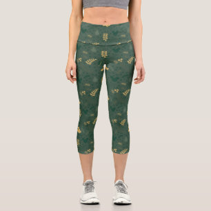 Leggings Capri Yuletide Joy   Mickey Green & Gold Holiday Motif