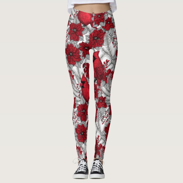 Leggings Cardinaux et poinsettia en rouge et blanc (Devant)