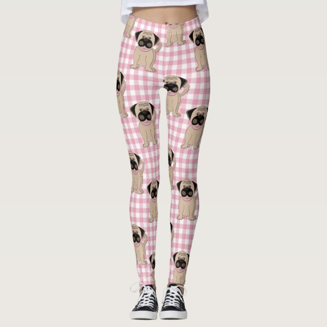 Leggings Carlins mignons sur les chèques roses (Devant)