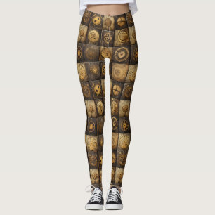 Leggings Carreau de motif mécanique Steampunk or bronze
