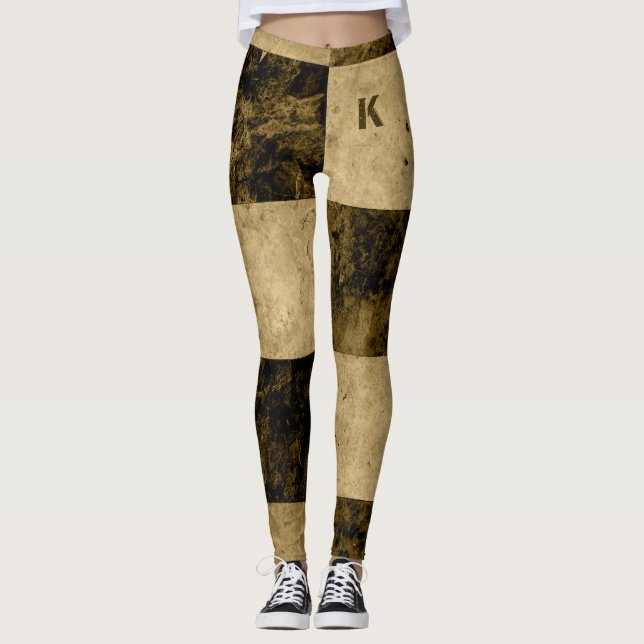 Leggings Carreaux de Grunge Noir Or Monogramme Personnalisé (Devant)