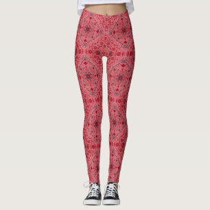 Leggings Carreaux floraux en rouge et pastèque rose
