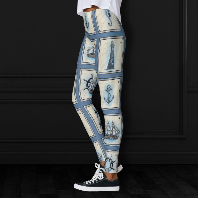 Leggings Carreaux marins | Blue Lighthouse Ancre Ship Wheel (Créateur téléchargé)