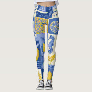 Leggings Carrelage Méditerranéen Motif Citron Côté Mer