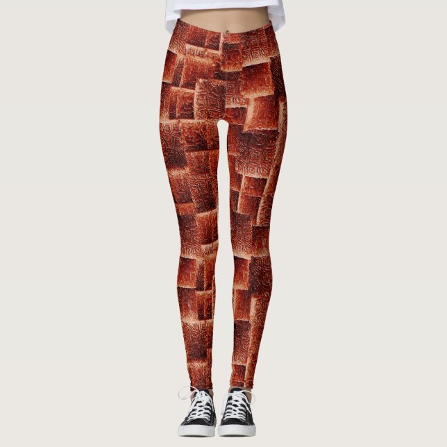 Leggings Carrés avec texture murale rouge foncé et clair (Devant)