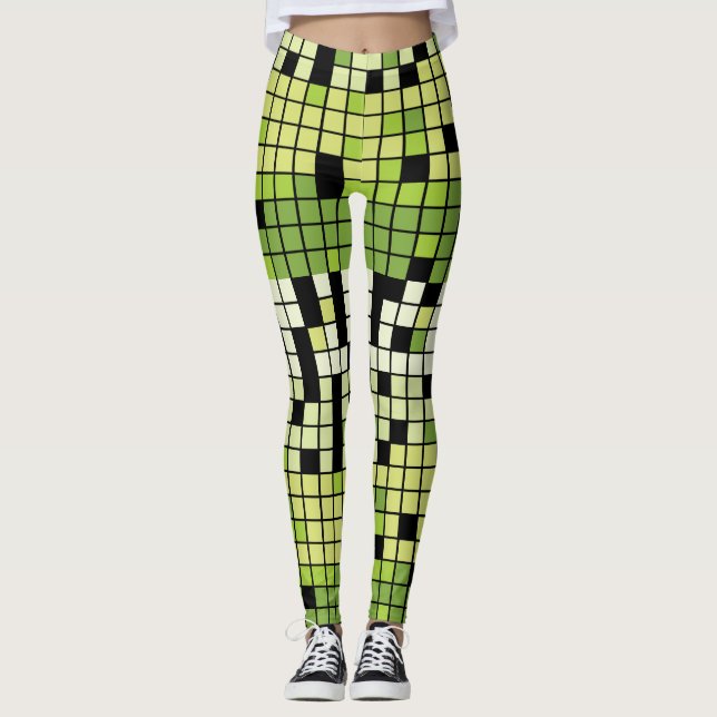 Leggings Carrés verts et blancs avec couleur personnalisée (Devant)