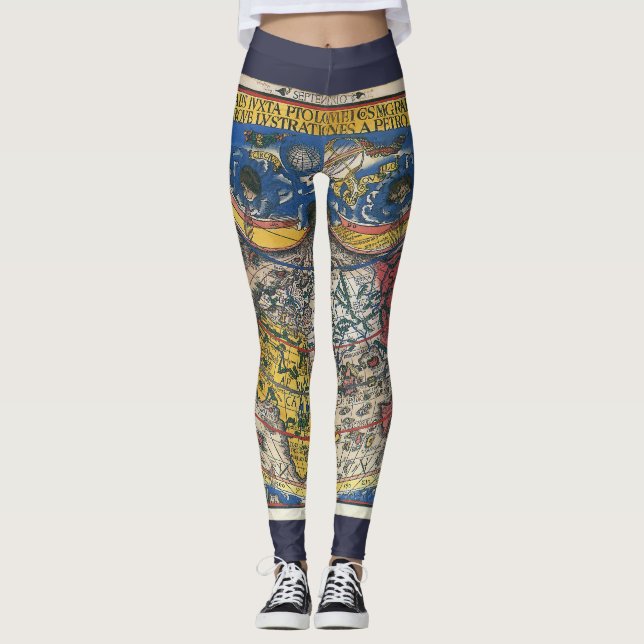 Leggings Carte du monde en forme de coeur antique par Peter (Devant)