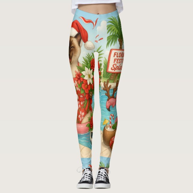 Leggings Cat Noël Été Juillet Pool Party (Devant)
