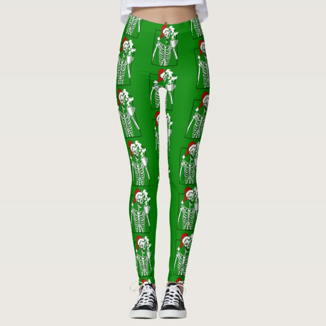 Leggings cauchemar squelette de noël boire du crâne de café (Devant)