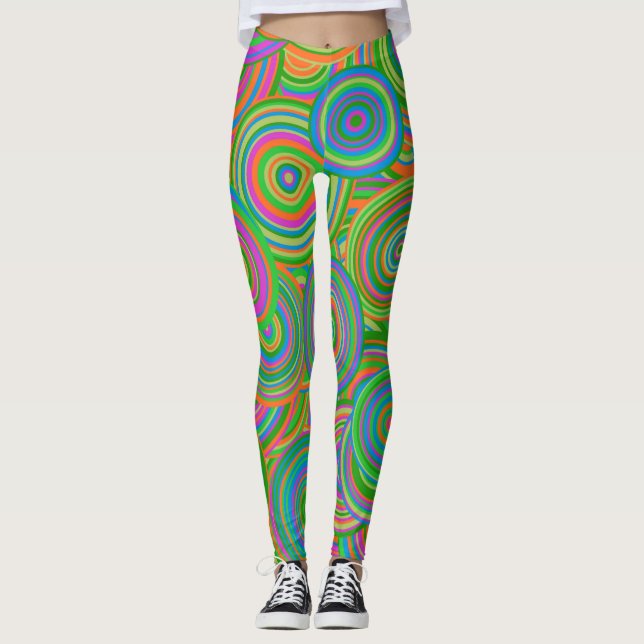 Leggings Cercles abstraits rétro mod, vert et rouge orange (Devant)